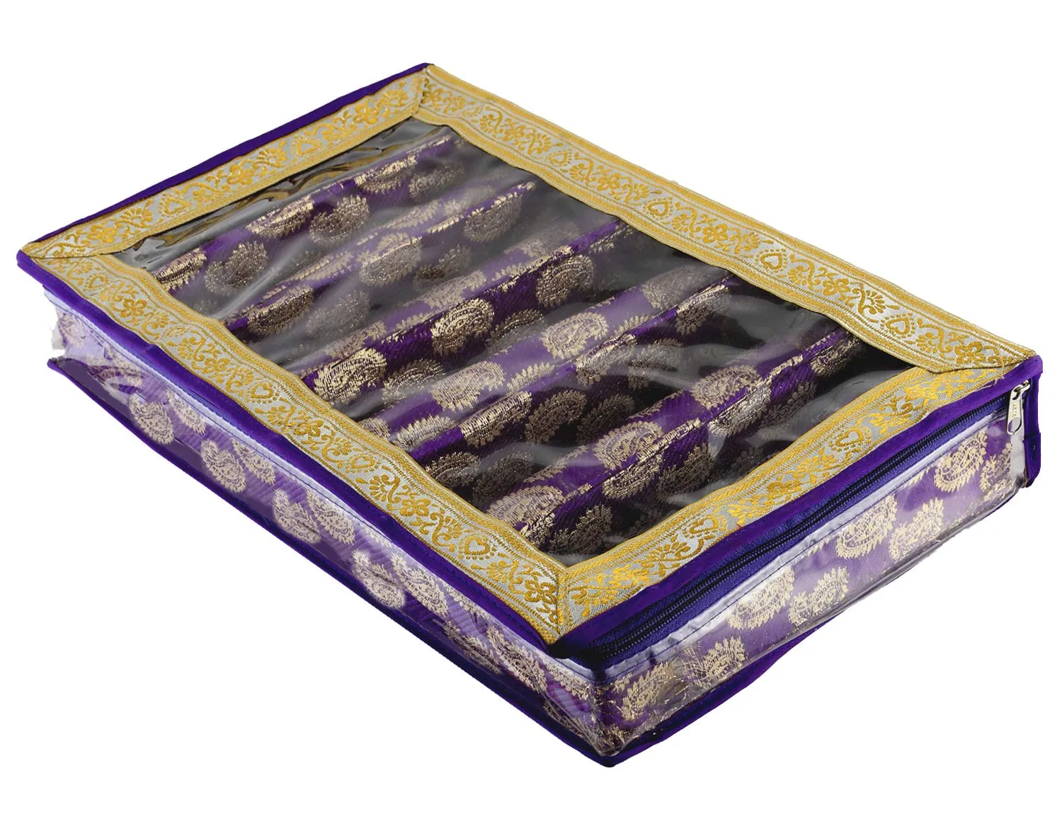 Kuber Industries Carry Design Brocade Hardboard Six Rod Bangle Box (Purple) -CTKTC38781