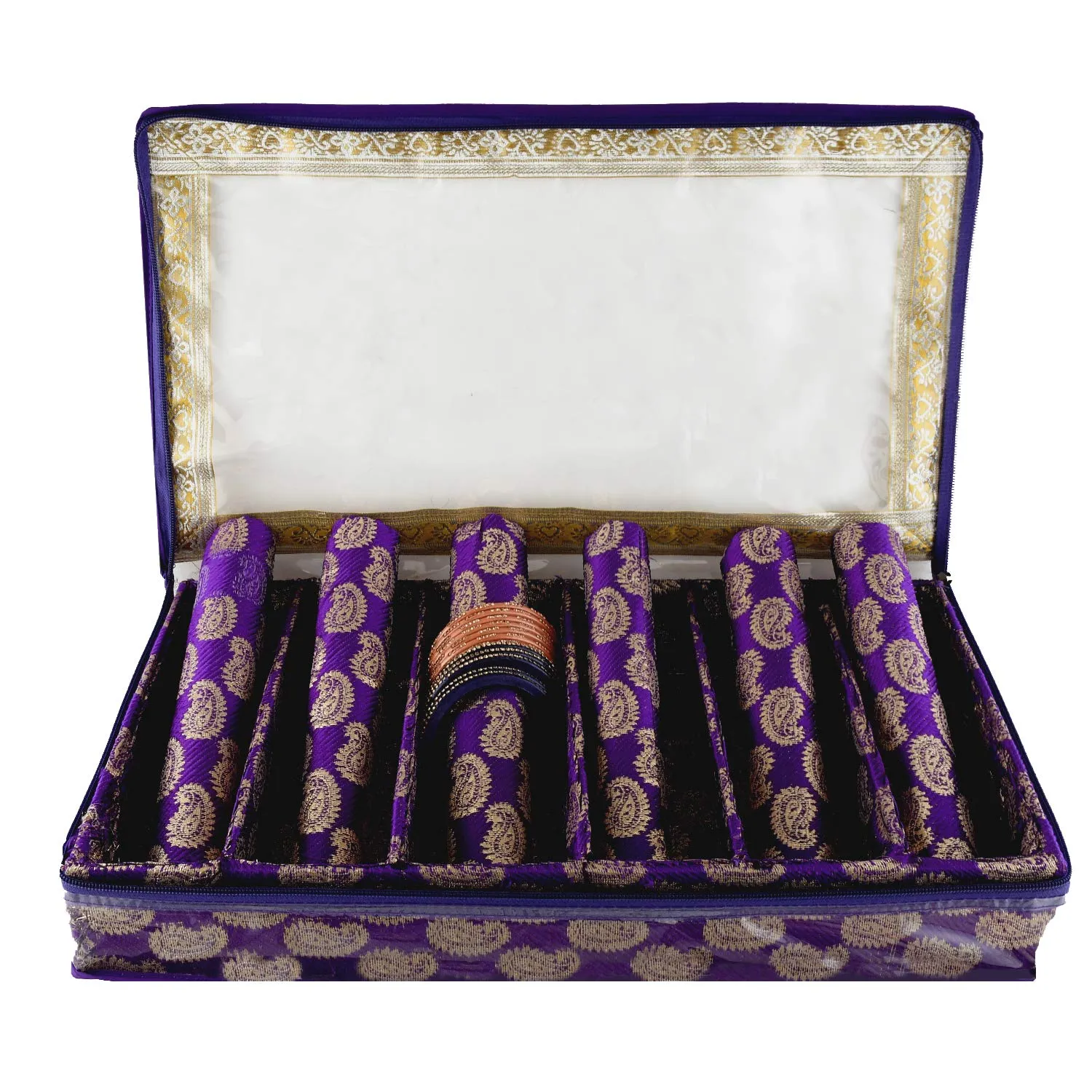 Kuber Industries Carry Design Brocade Hardboard Six Rod Bangle Box (Purple) -CTKTC38781