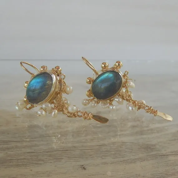 Labradorite Pearl Waterfall Earrings