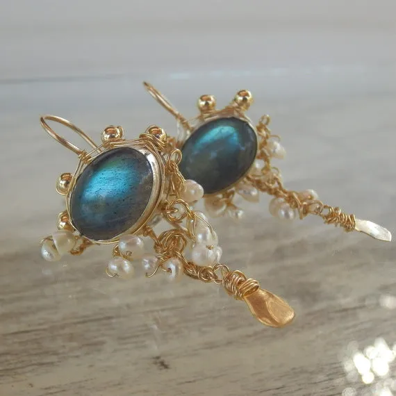 Labradorite Pearl Waterfall Earrings