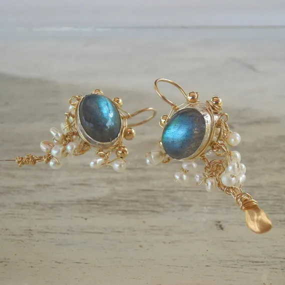 Labradorite Pearl Waterfall Earrings