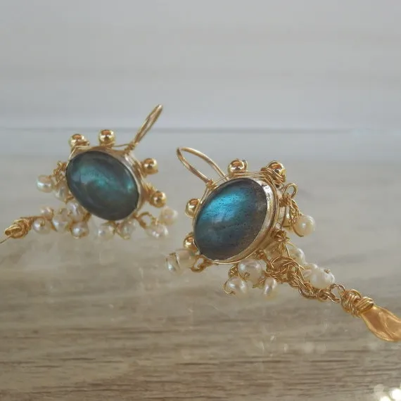 Labradorite Pearl Waterfall Earrings