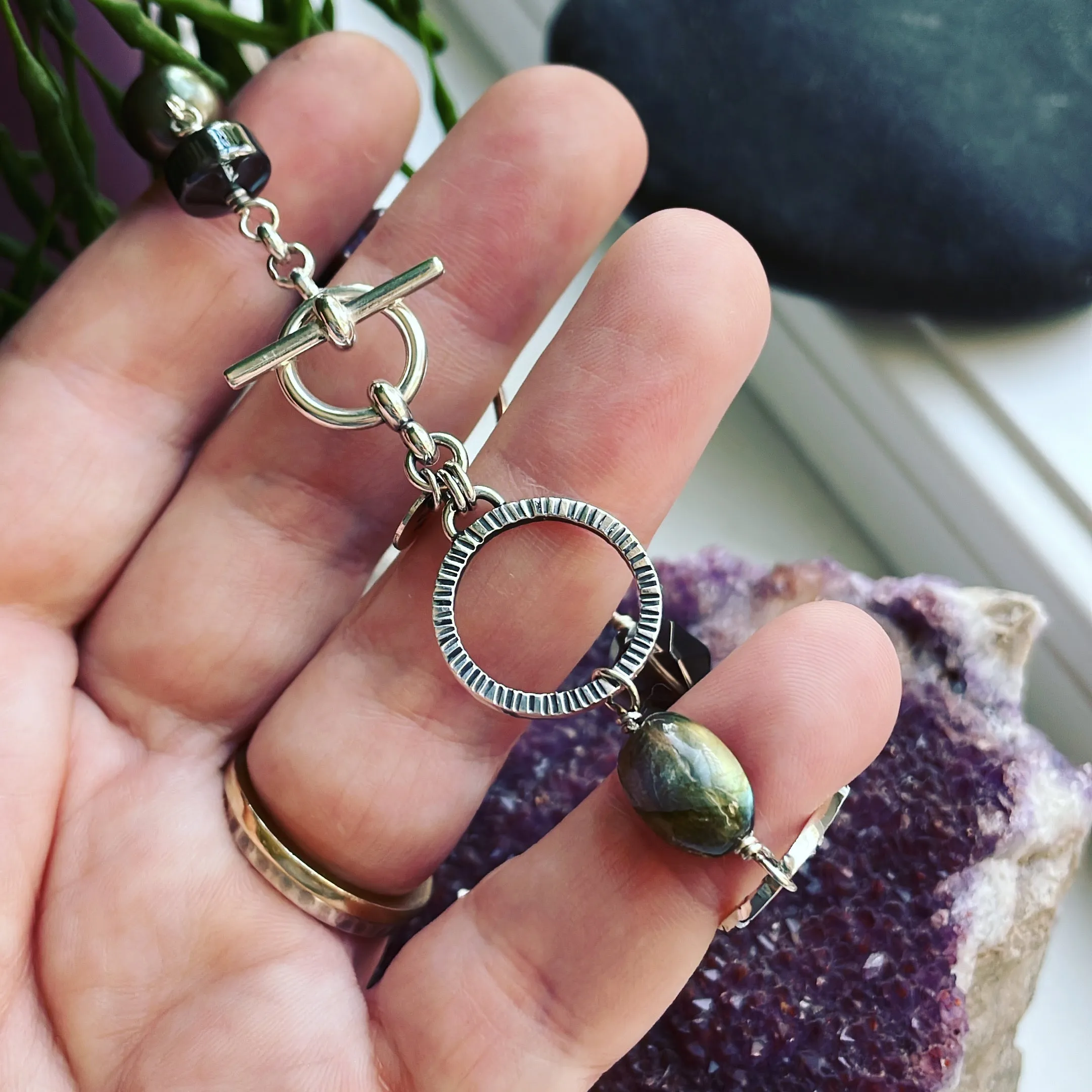 Labradorite, Smoky Quartz, Pearl, Hematite and Sterling Silver Bracelet