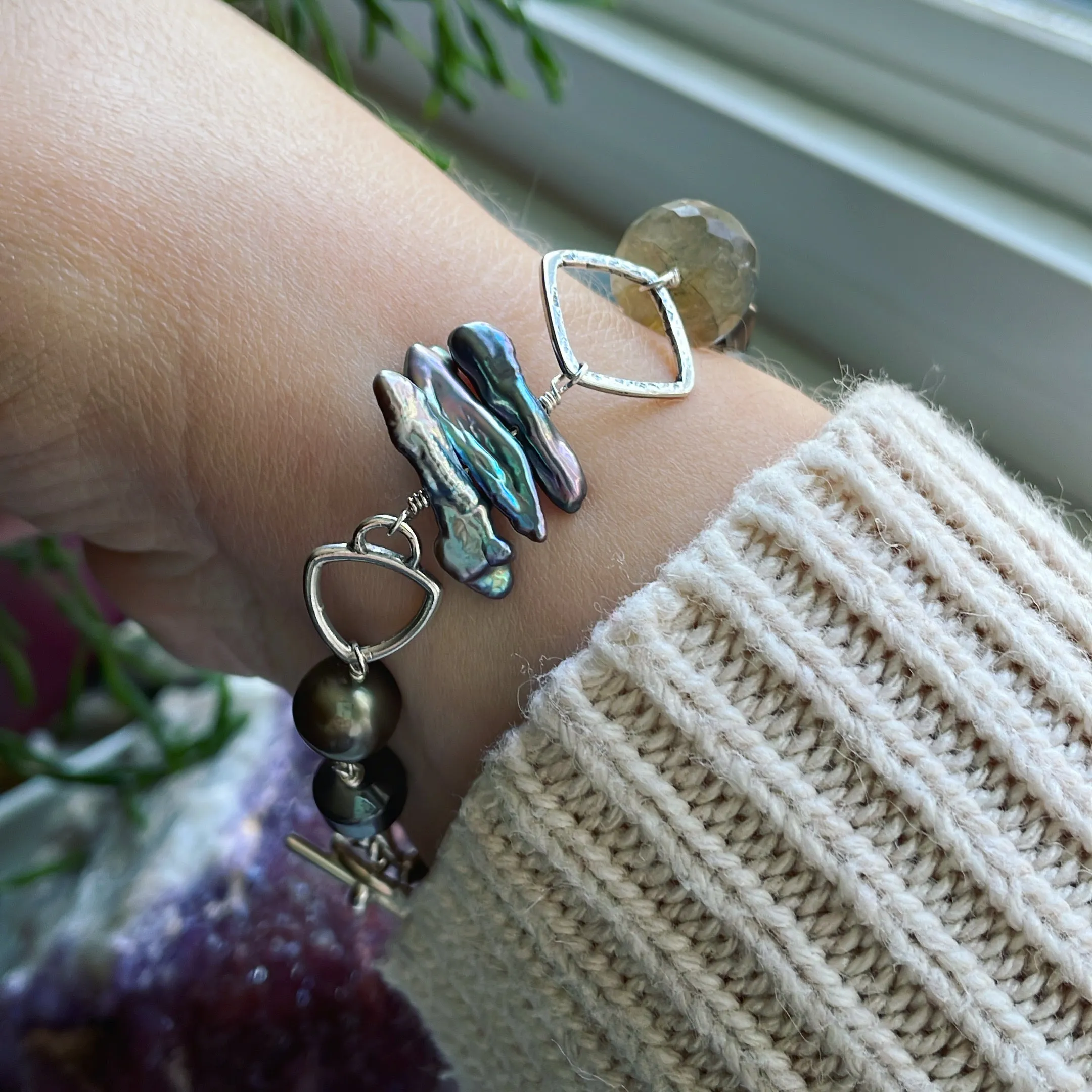 Labradorite, Smoky Quartz, Pearl, Hematite and Sterling Silver Bracelet