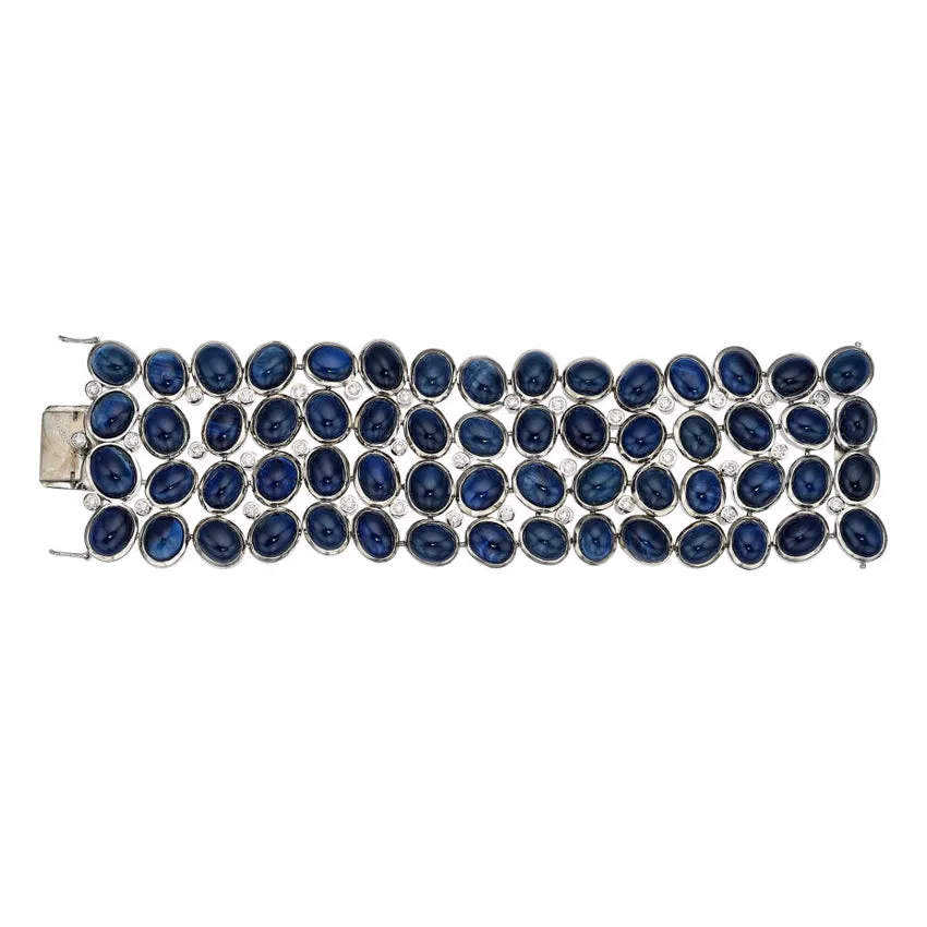 Large Cabochon Blue Sapphire Diamond Gold Bracelet