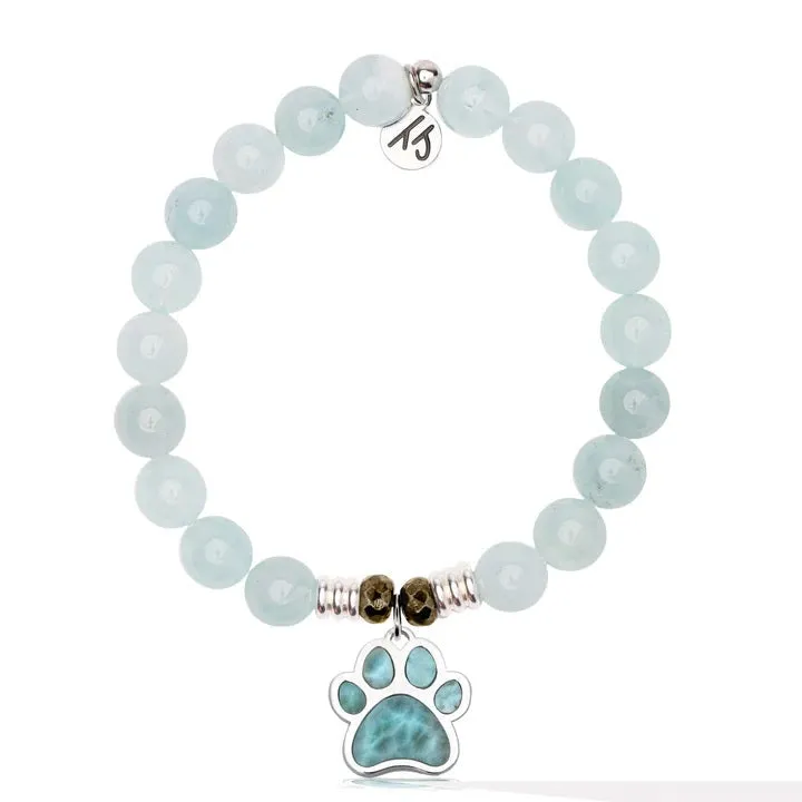 Larimar Charm Collection: Blue Aquamarine Gemstone Bracelet with Larimar Paw Print Sterling Silver Charm