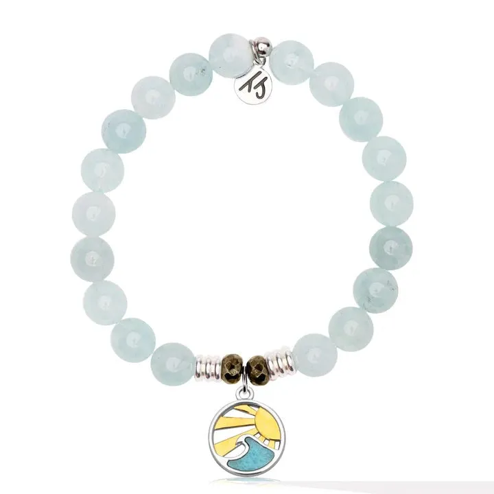 Larimar Charm Collection: Blue Aquamarine Gemstone Bracelet with Larimar Rising Sun Sterling Silver Charm