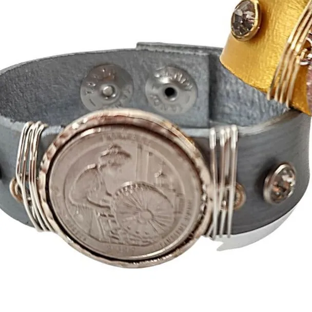 Leather Cuff With Mounted Coin Bracelet