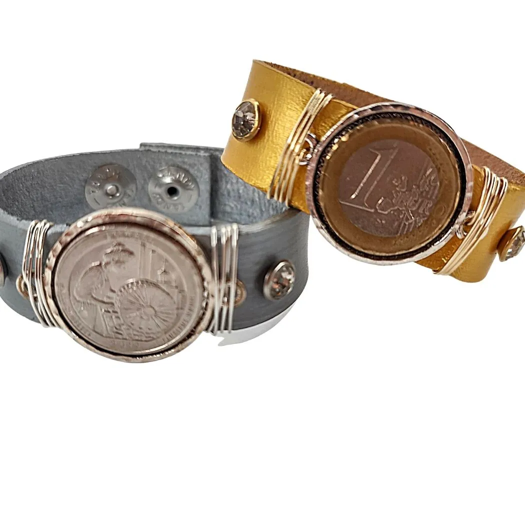 Leather Cuff With Mounted Coin Bracelet