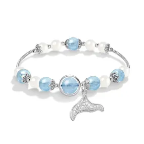 Legend of the Mermaid: Sterling Silver Aquamarine Moonstone Obsidian Fishtail Couple Bracelet