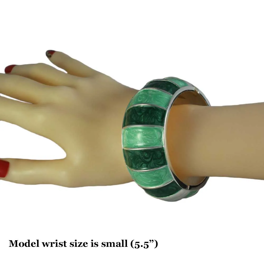 Light and Dark Green Striped Enamel Hinged Bangle - BG503