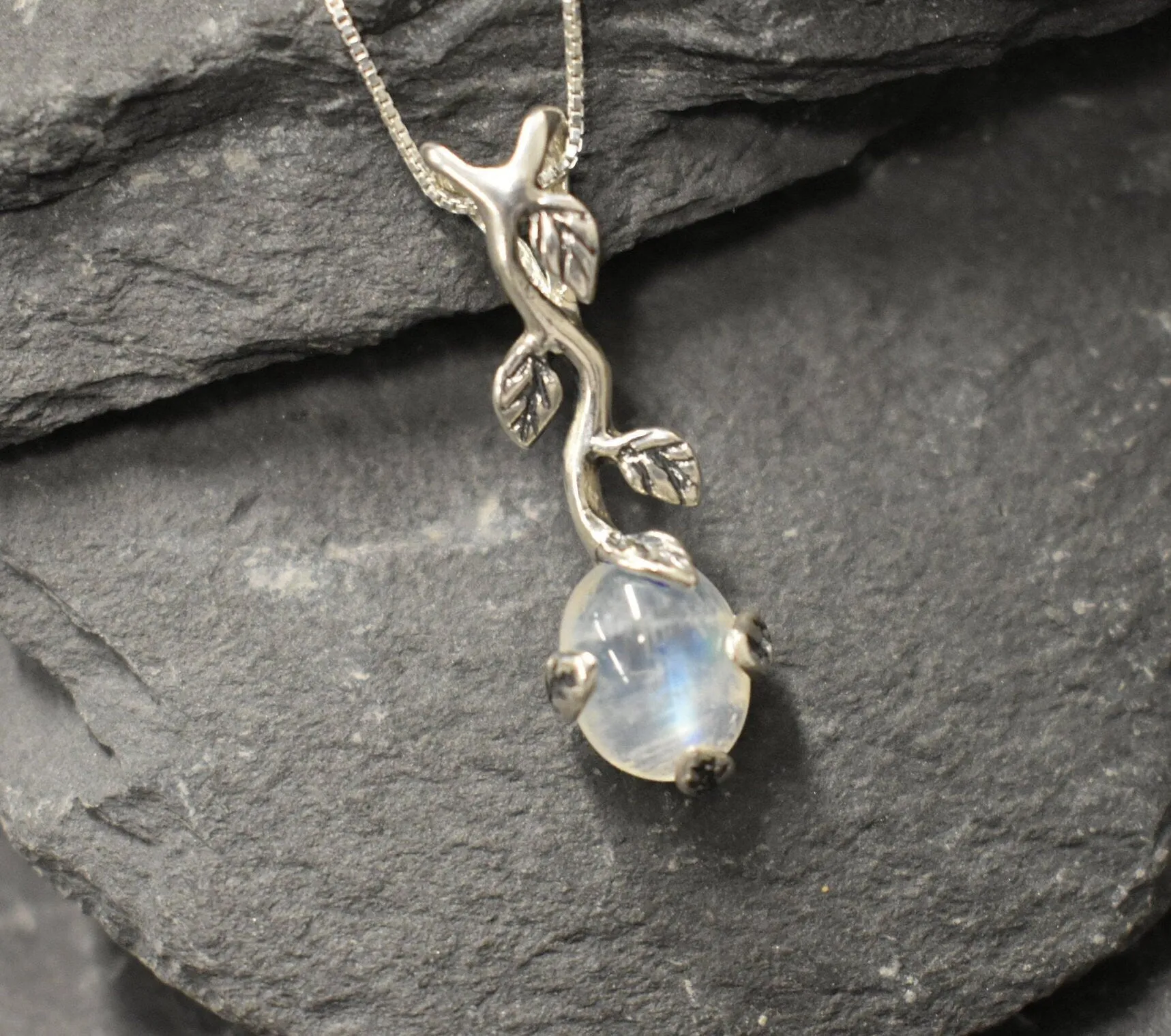 Long Moonstone Pendant - Natural Moonstone Necklace - Vintage Leaf Necklace