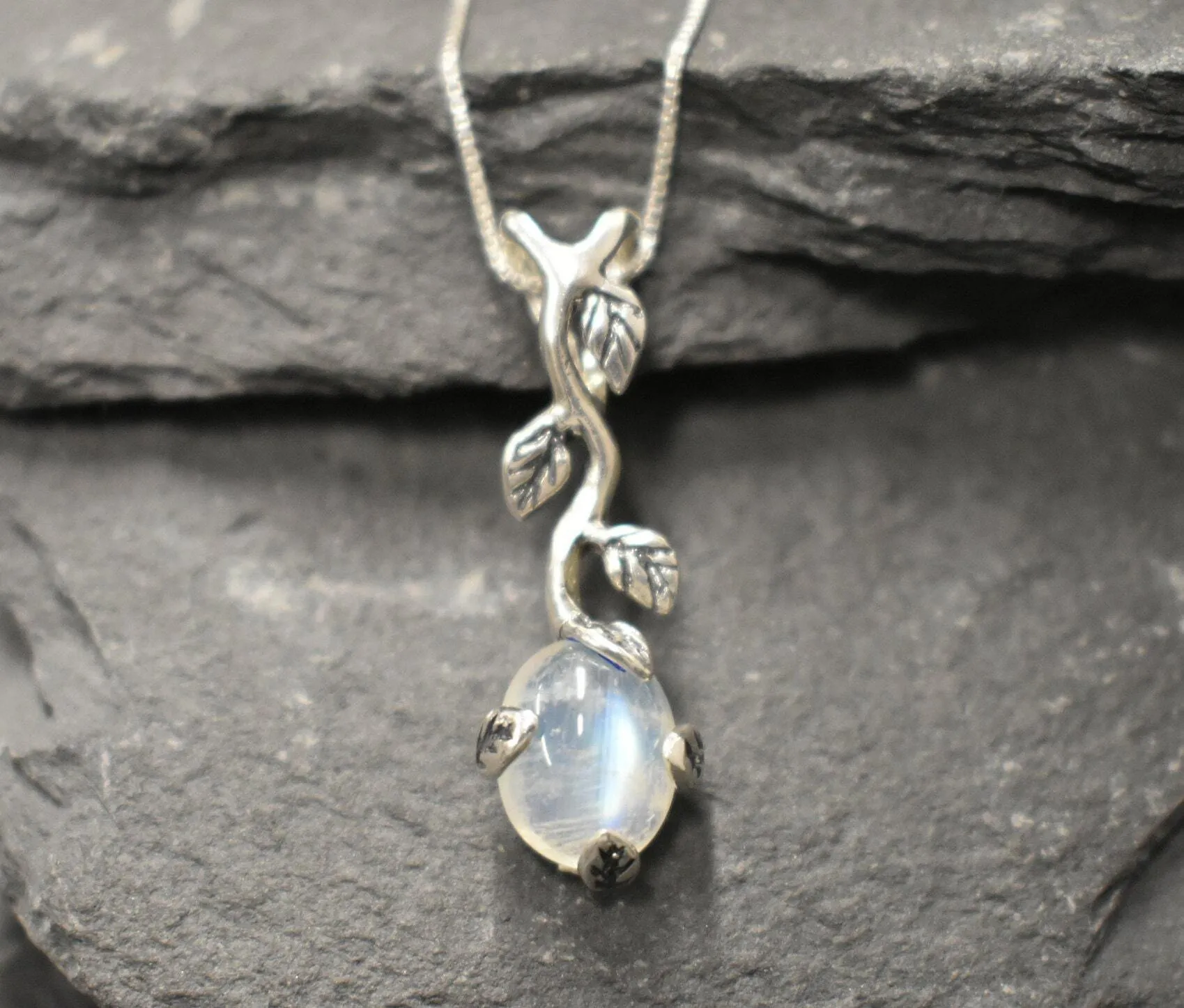 Long Moonstone Pendant - Natural Moonstone Necklace - Vintage Leaf Necklace