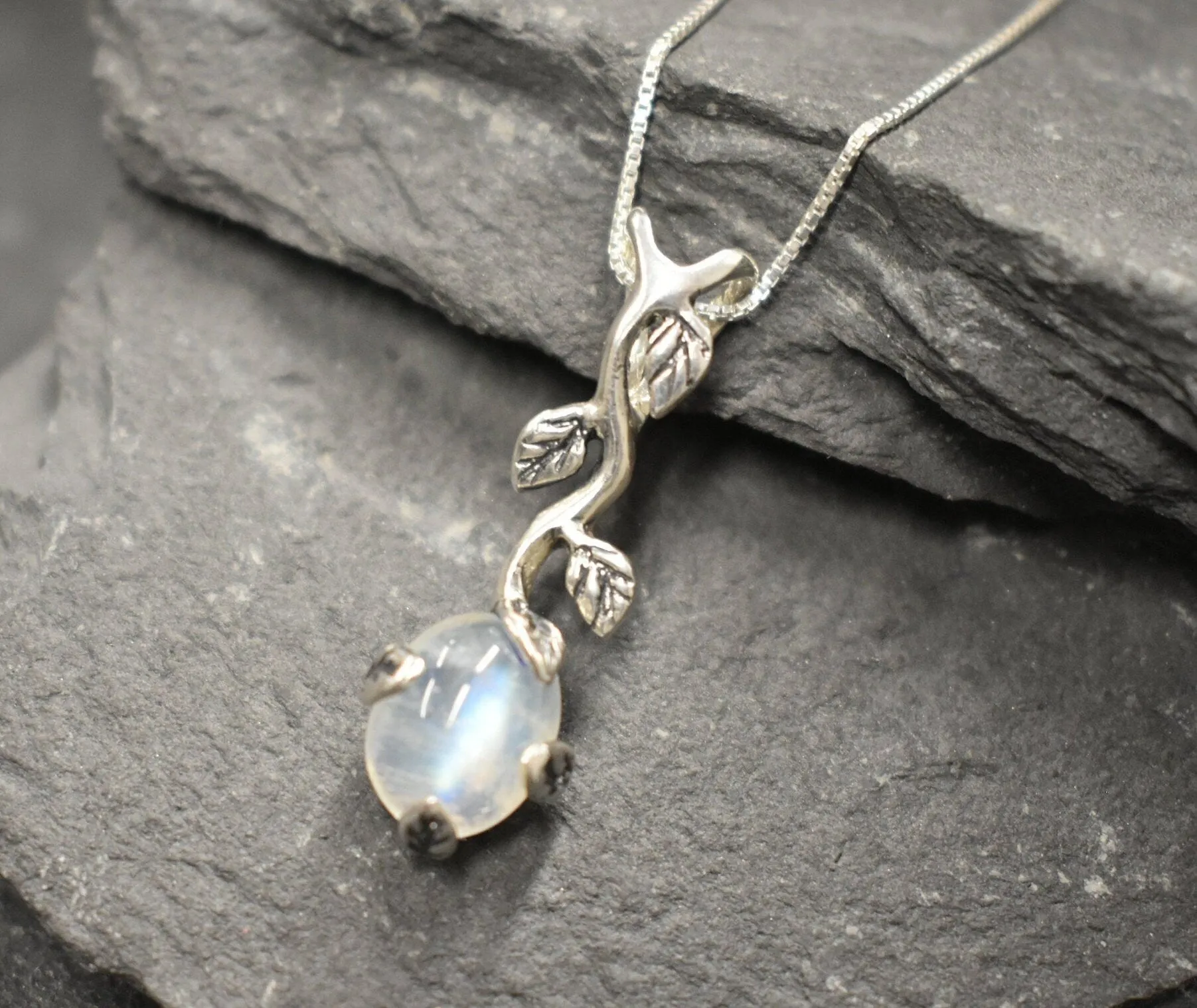 Long Moonstone Pendant - Natural Moonstone Necklace - Vintage Leaf Necklace