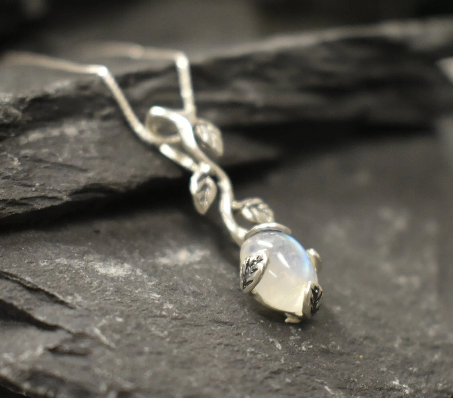 Long Moonstone Pendant - Natural Moonstone Necklace - Vintage Leaf Necklace