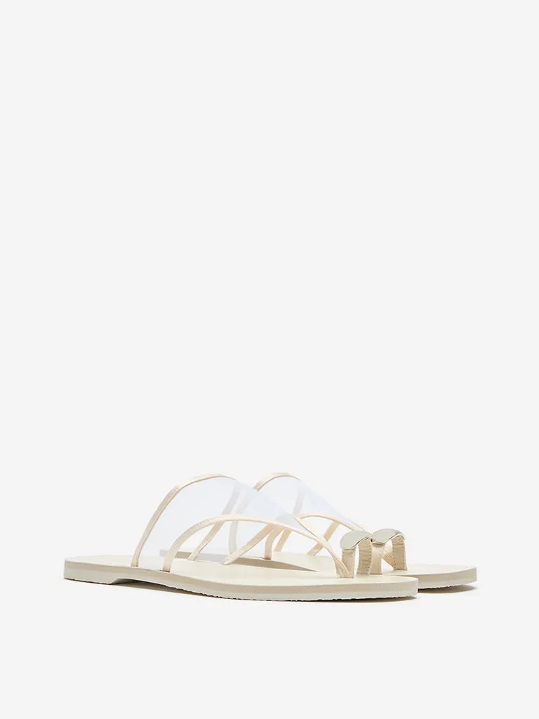 LUNA BLU Ivory Mesh Detailed Toe-Ring Slides