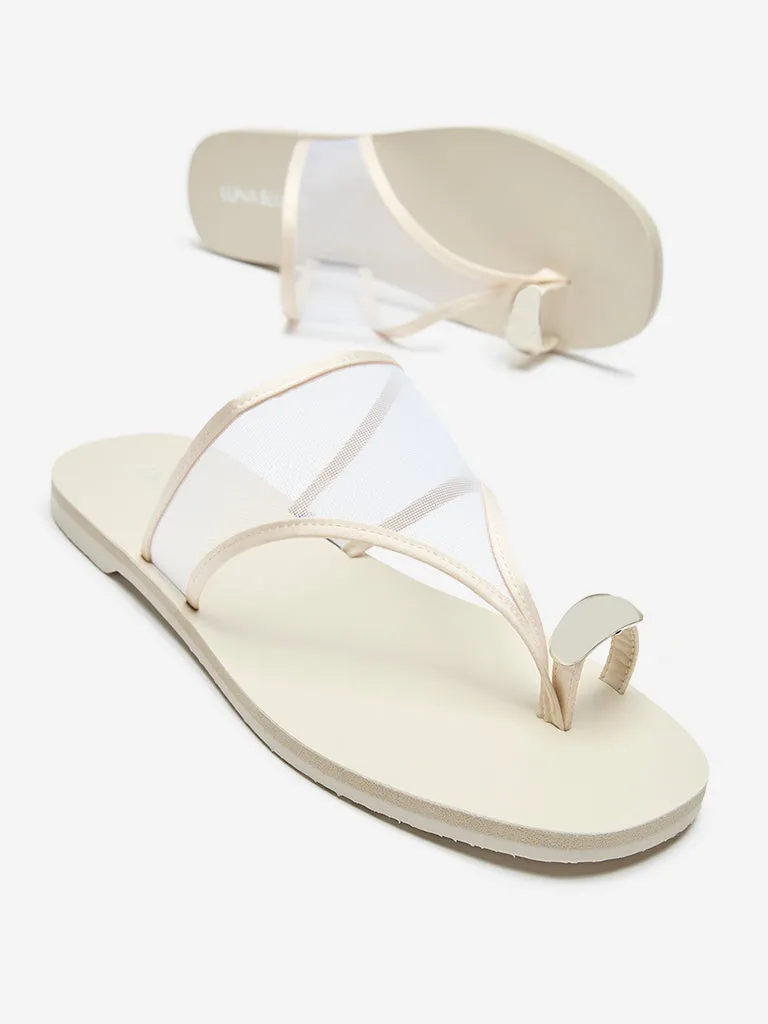 LUNA BLU Ivory Mesh Detailed Toe-Ring Slides