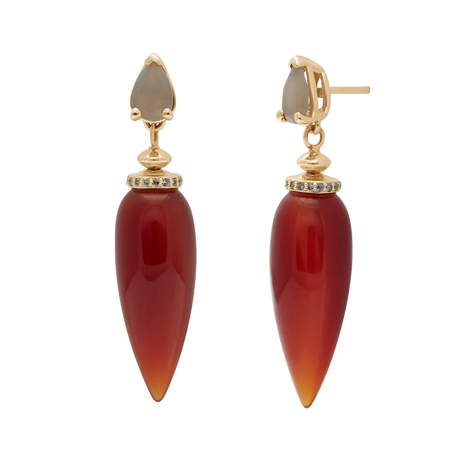 Luna Pendulum Earrings - Yellow Gold, Carnelian & Grey Diamonds