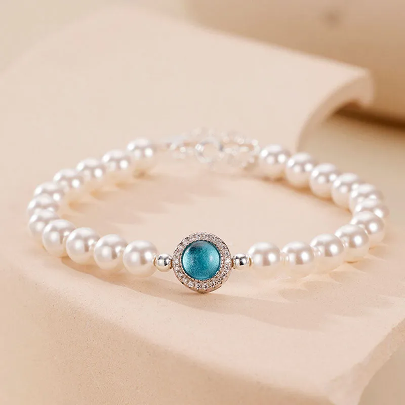 Luxury Freshwater Pearl Cubic Zirconia Aquamarine Crystal Charm Bracelet