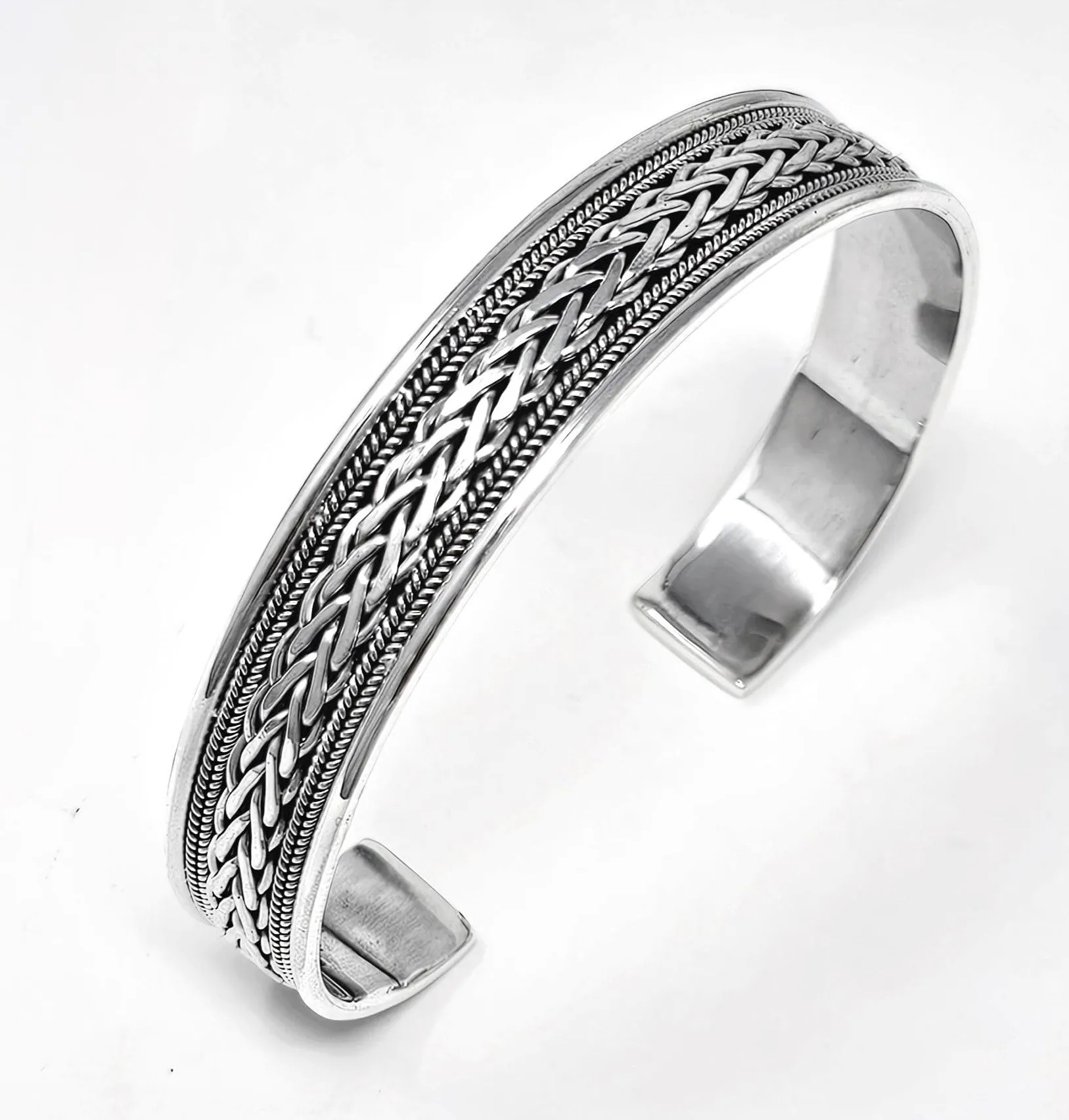 Mens 12Mm Solid Silver Bangle - 925 Sterling Silver Braided  Bracelet - Adjustable