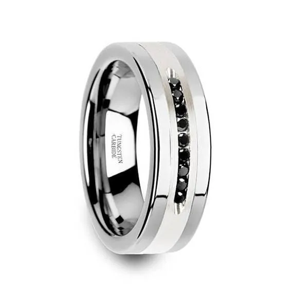 Men's Tungsten Wedding Band with 9 Channel Set Black Diamonds Silver Inlay - 8mm