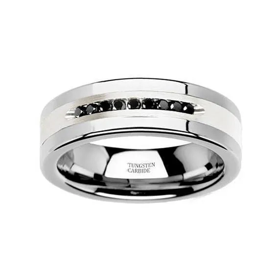 Men's Tungsten Wedding Band with 9 Channel Set Black Diamonds Silver Inlay - 8mm