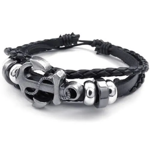 Men's Womens Leather Bracelet, Vintage Anchor Charm Bangle