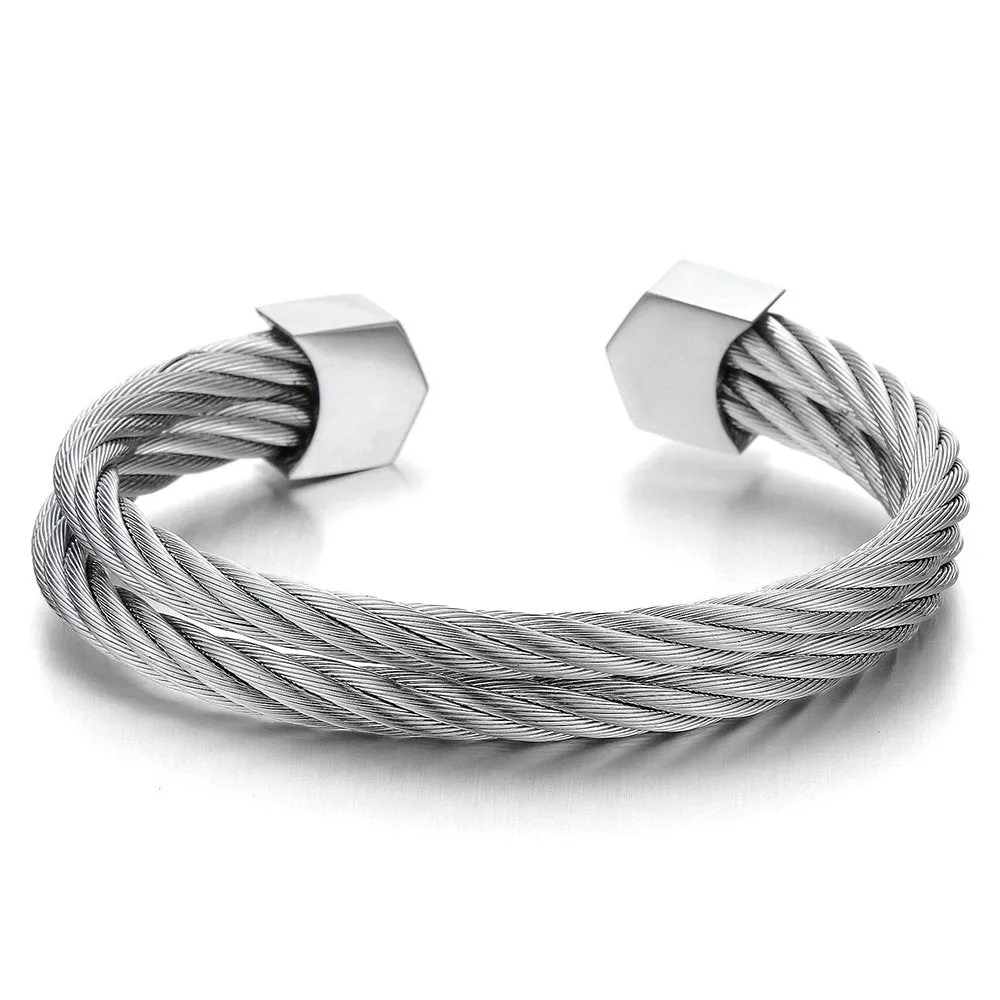 Mens Womens Stainless Steel Two Rows Adjustable Cuff Bangle Bracelet