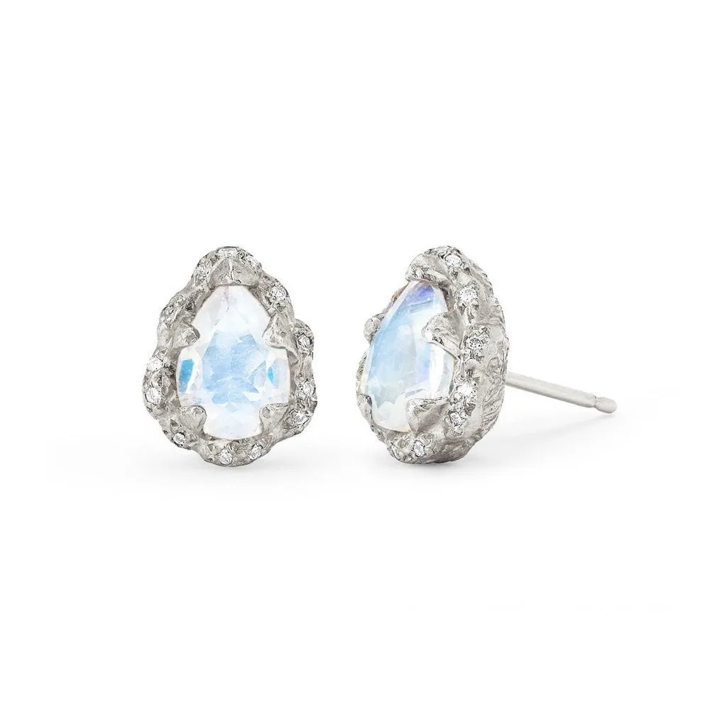 Micro Queen Water Drop Moonstone Studs with Sprinkled Diamonds