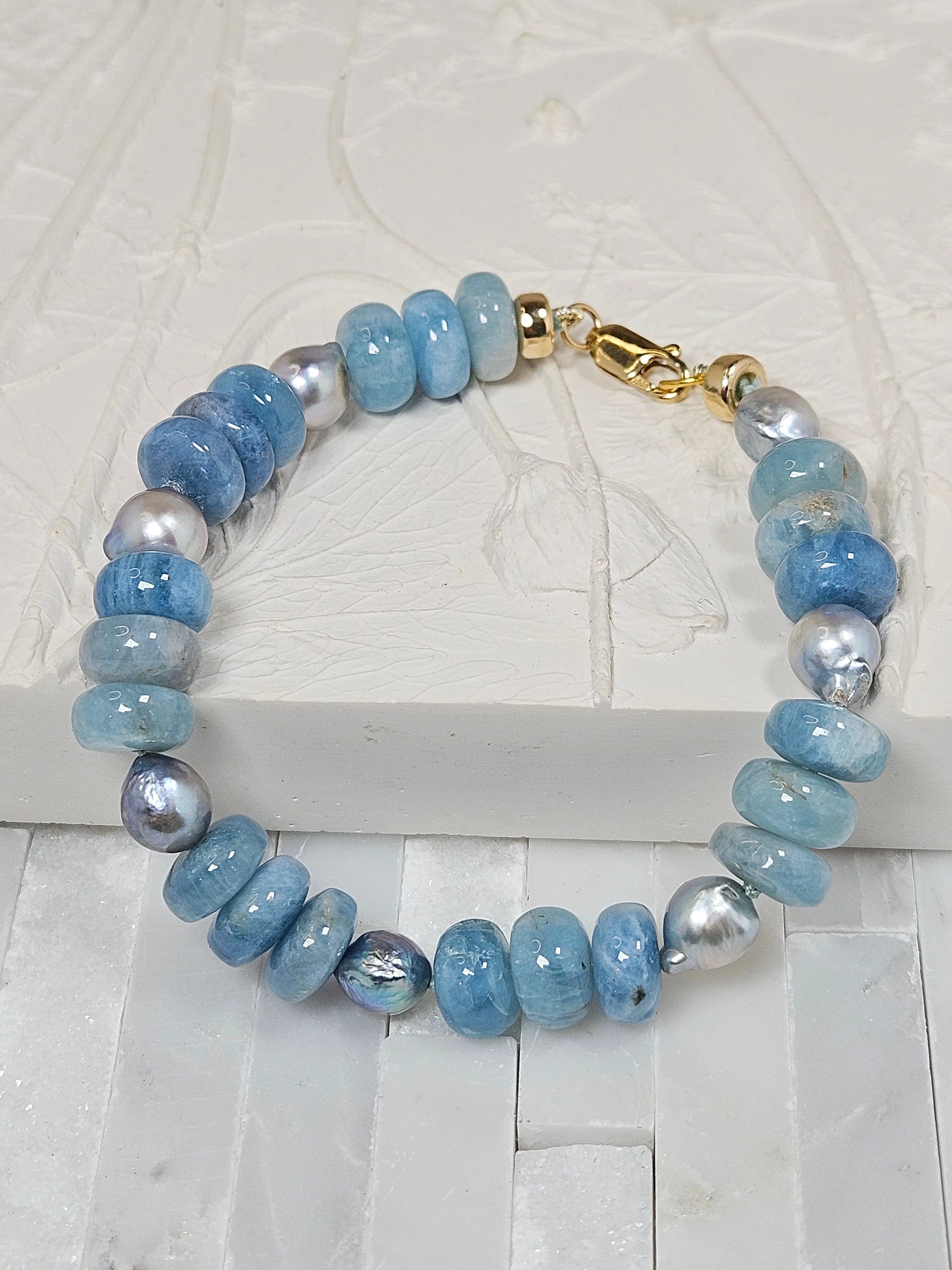 Milky Aquamarine and Tahitian Pearl Bracelet 14K Gold