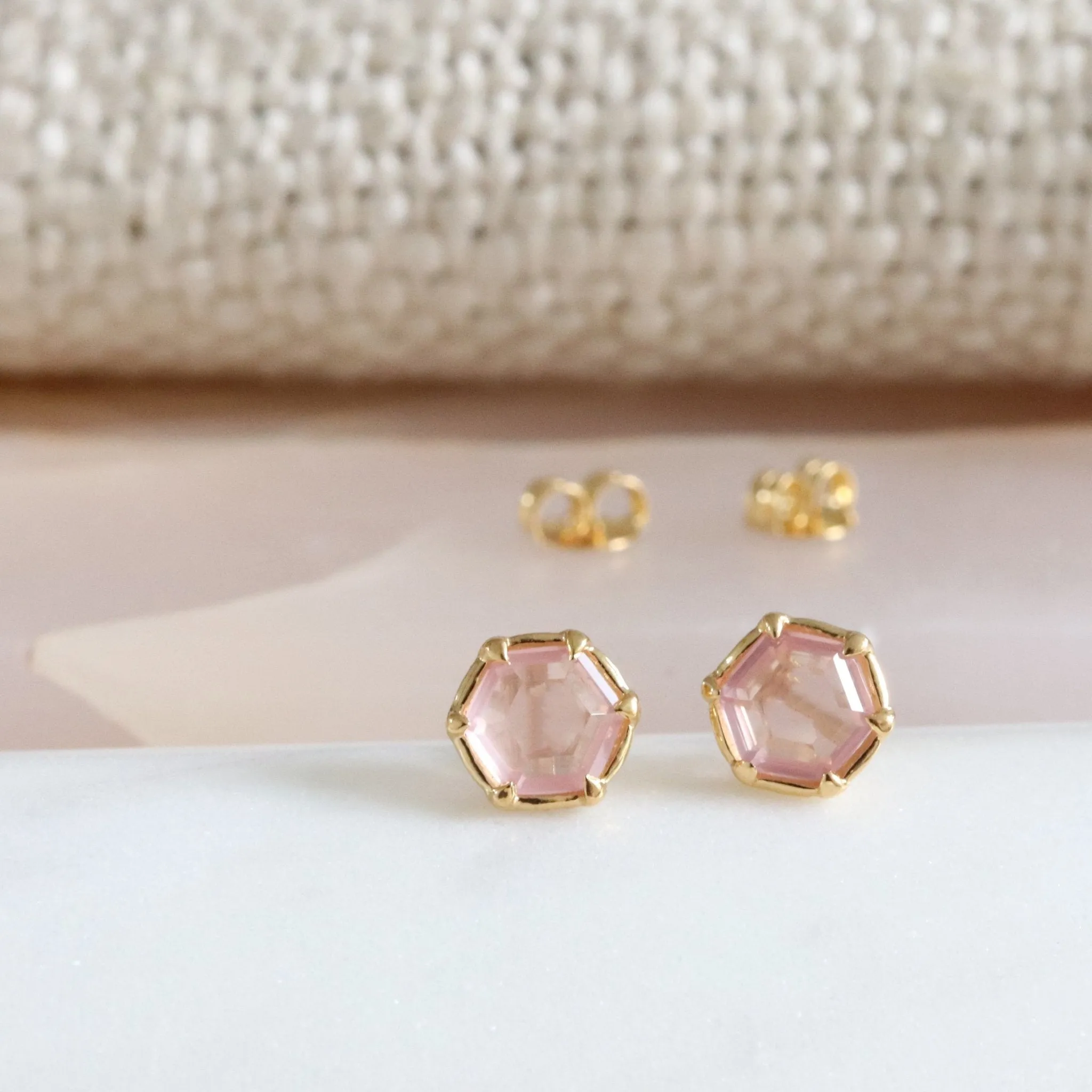 Mini Grace Hexagon Stud Earrings - Pink Quartz & Gold