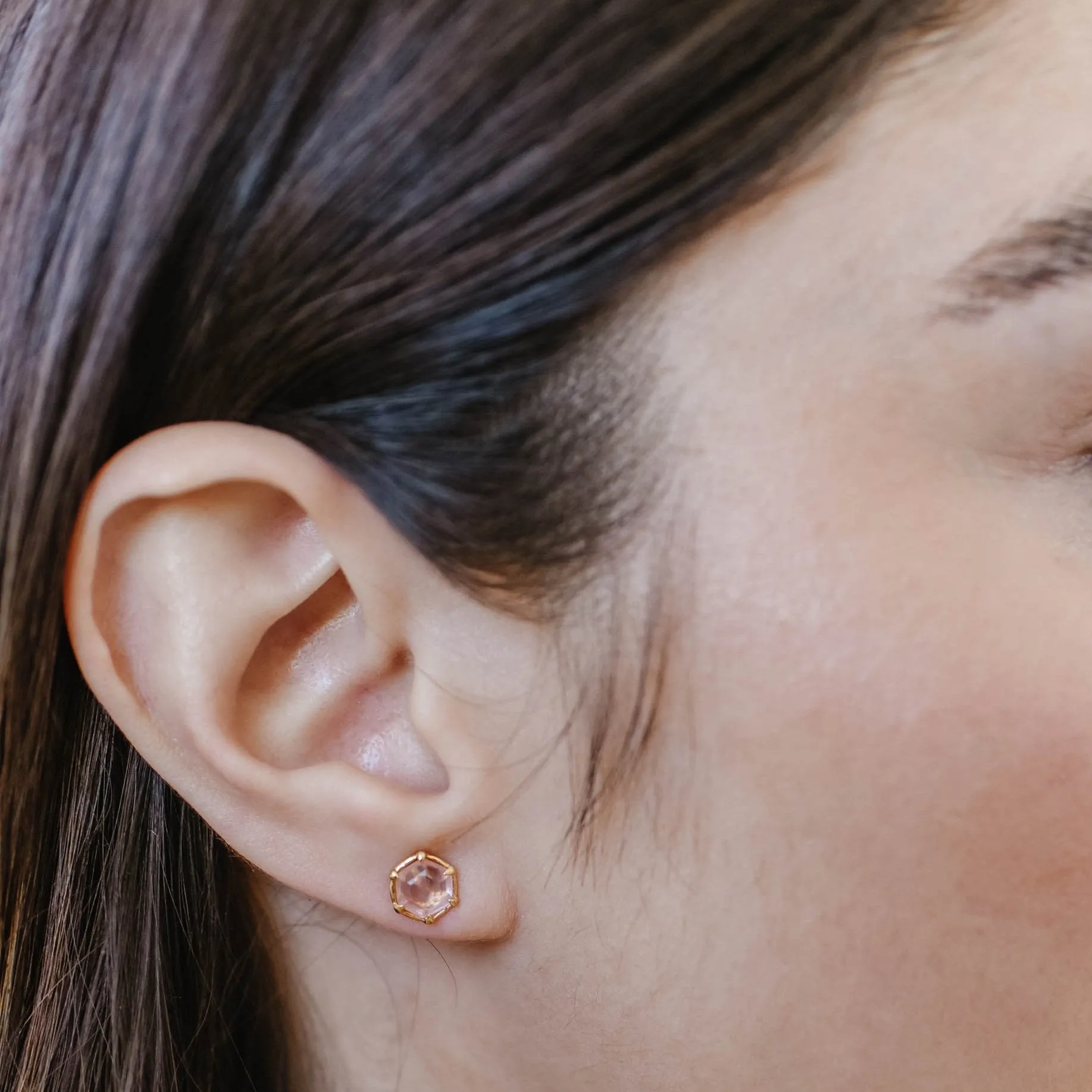 Mini Grace Hexagon Stud Earrings - Pink Quartz & Gold