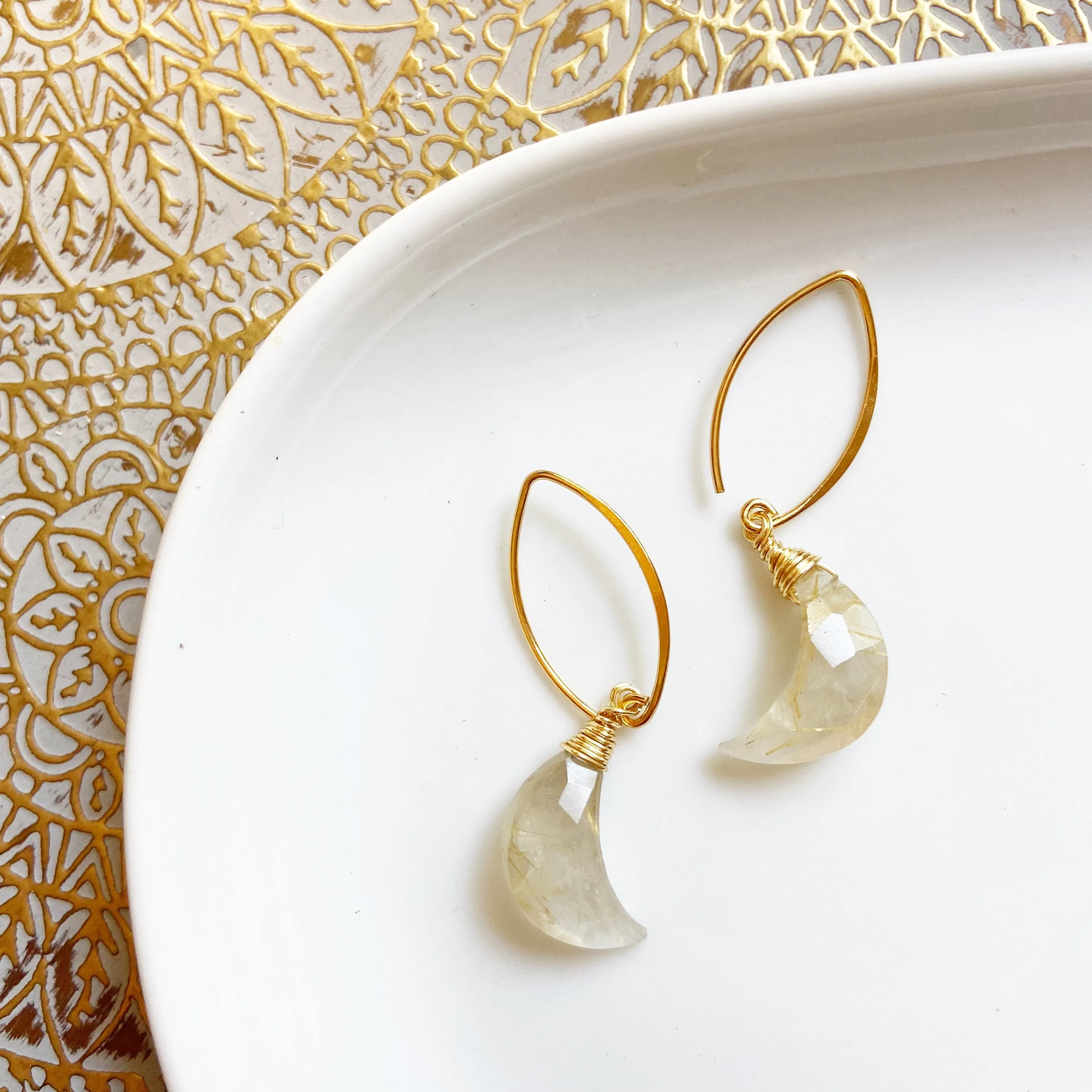 Moon Shaped Moonstone or Labradorite Gemstone Earring in Gold or  Silver