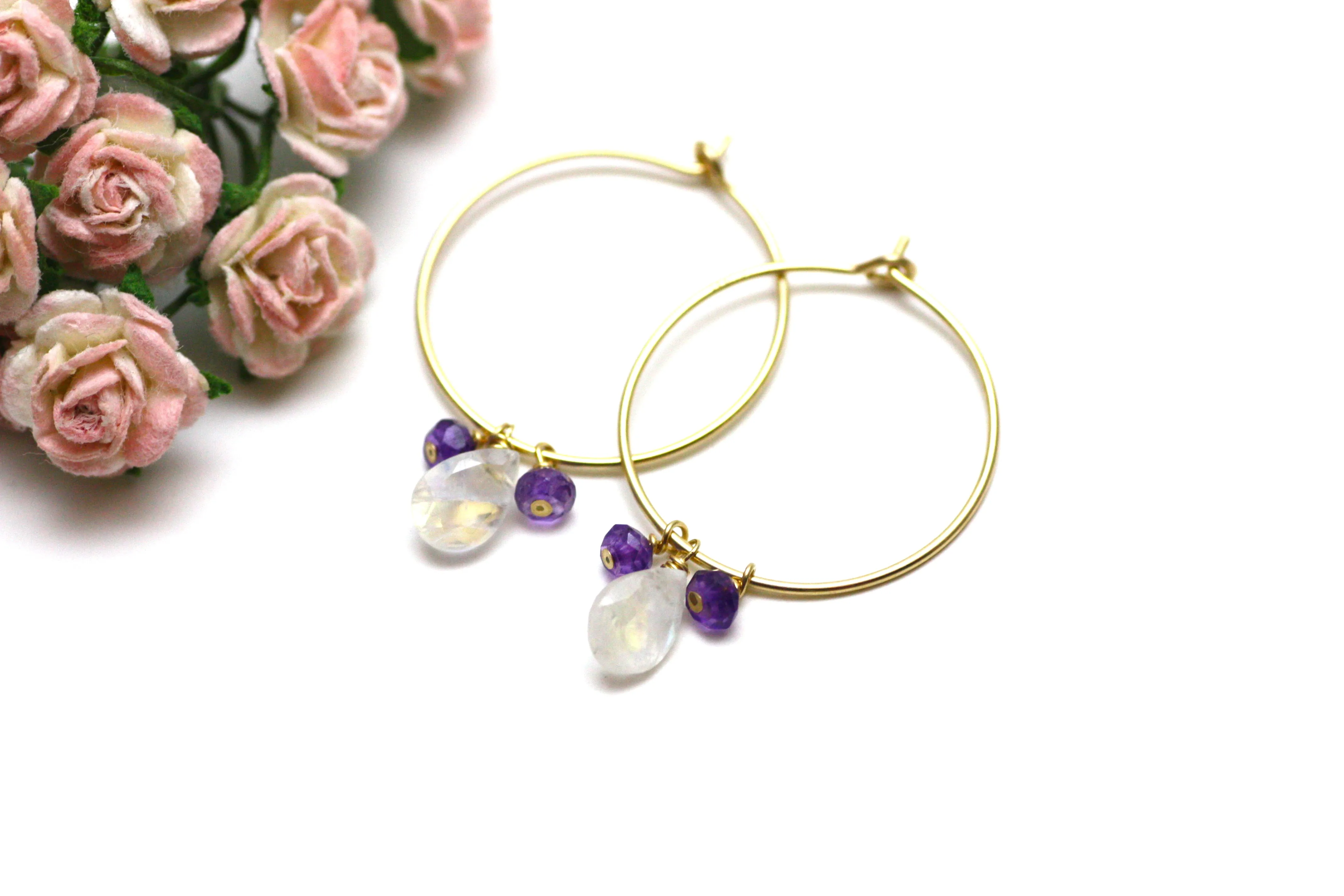 Moonstone and Amethyst Hoop Earrings in Gold