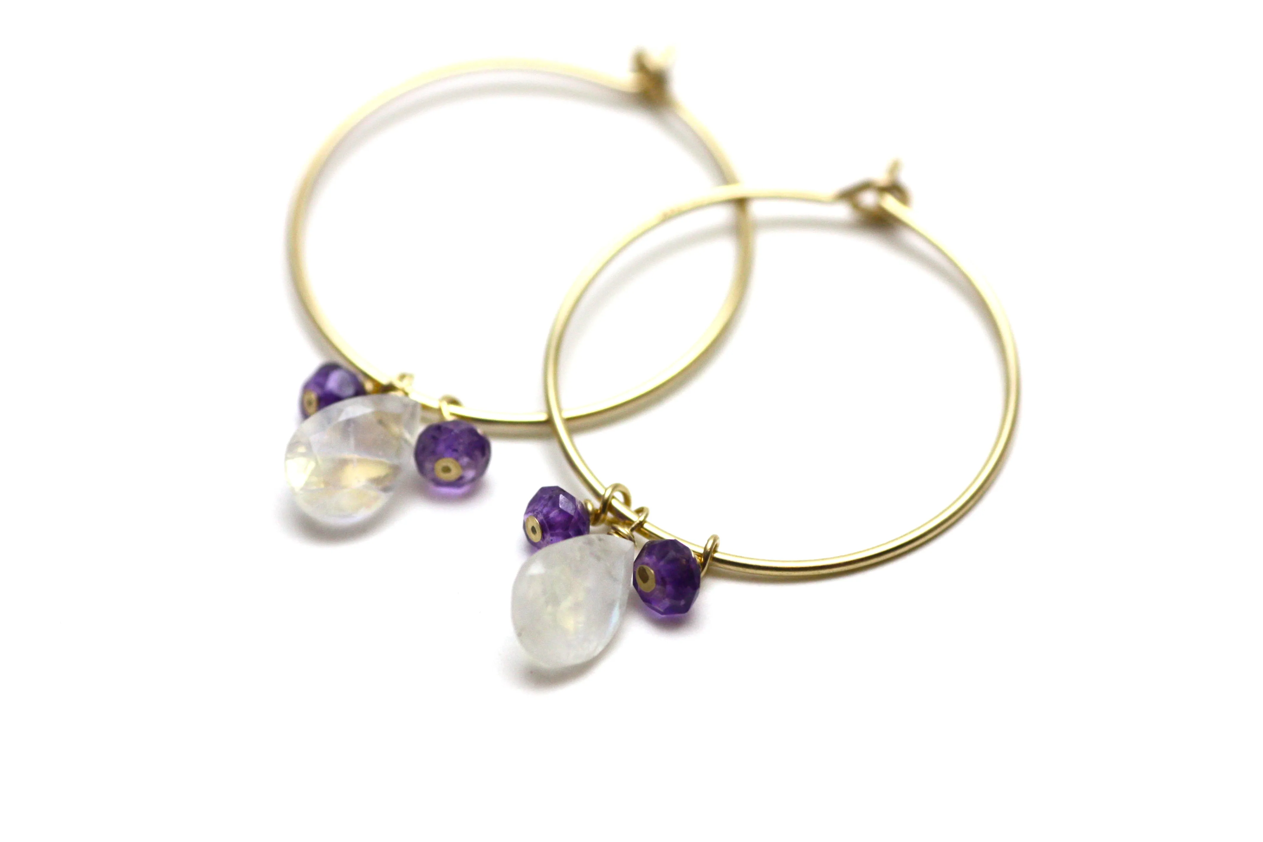 Moonstone and Amethyst Hoop Earrings in Gold