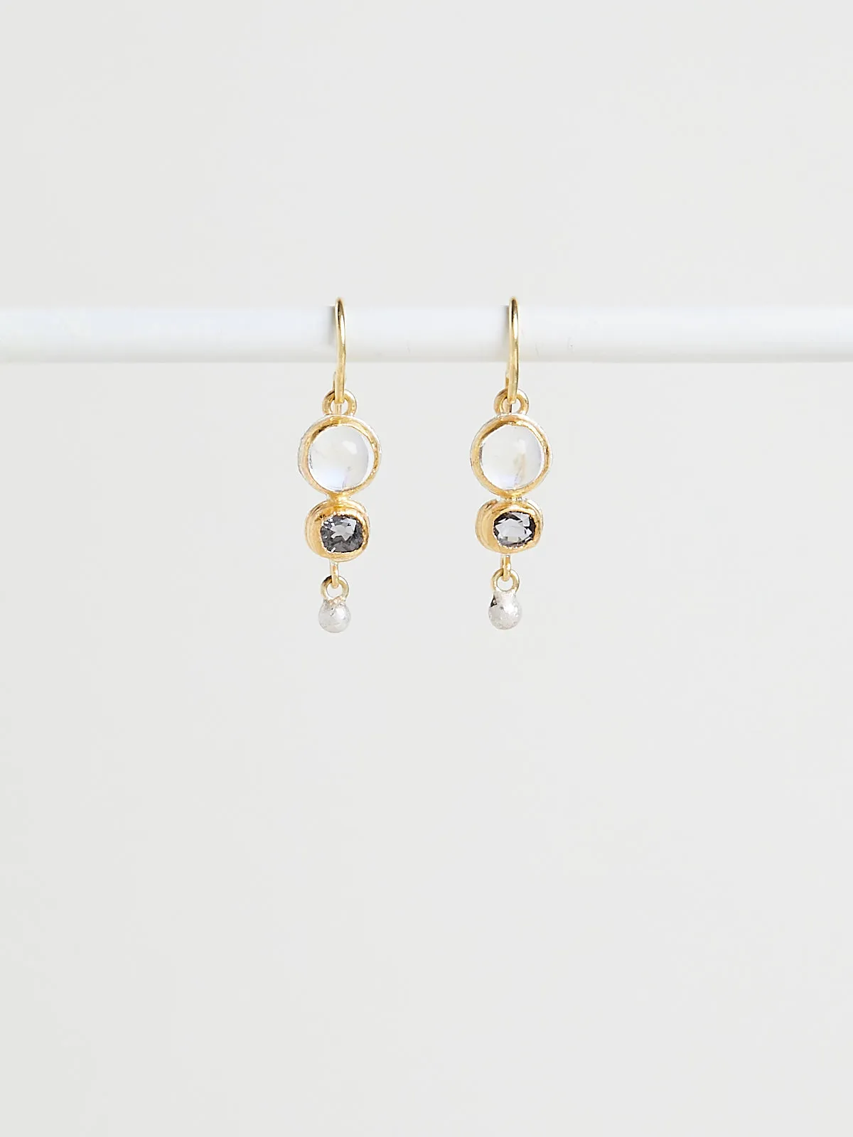 Moonstone and Spinel Double Drop Earrings in 18k & 22k Yellow Gold with a Gold Ball Drop