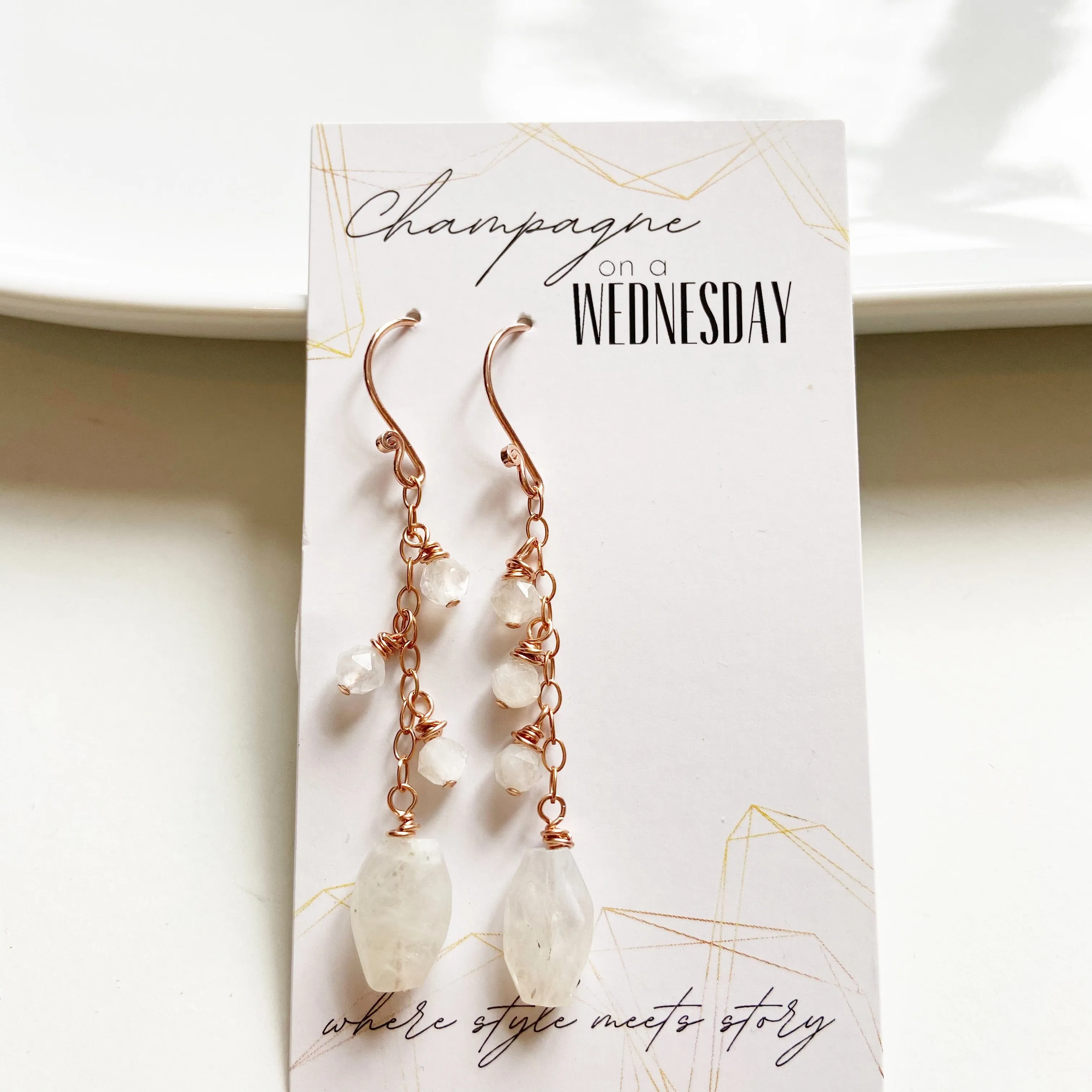 Moonstone Beaded Tassel Earring in Silver, Gold, or Rose Gold