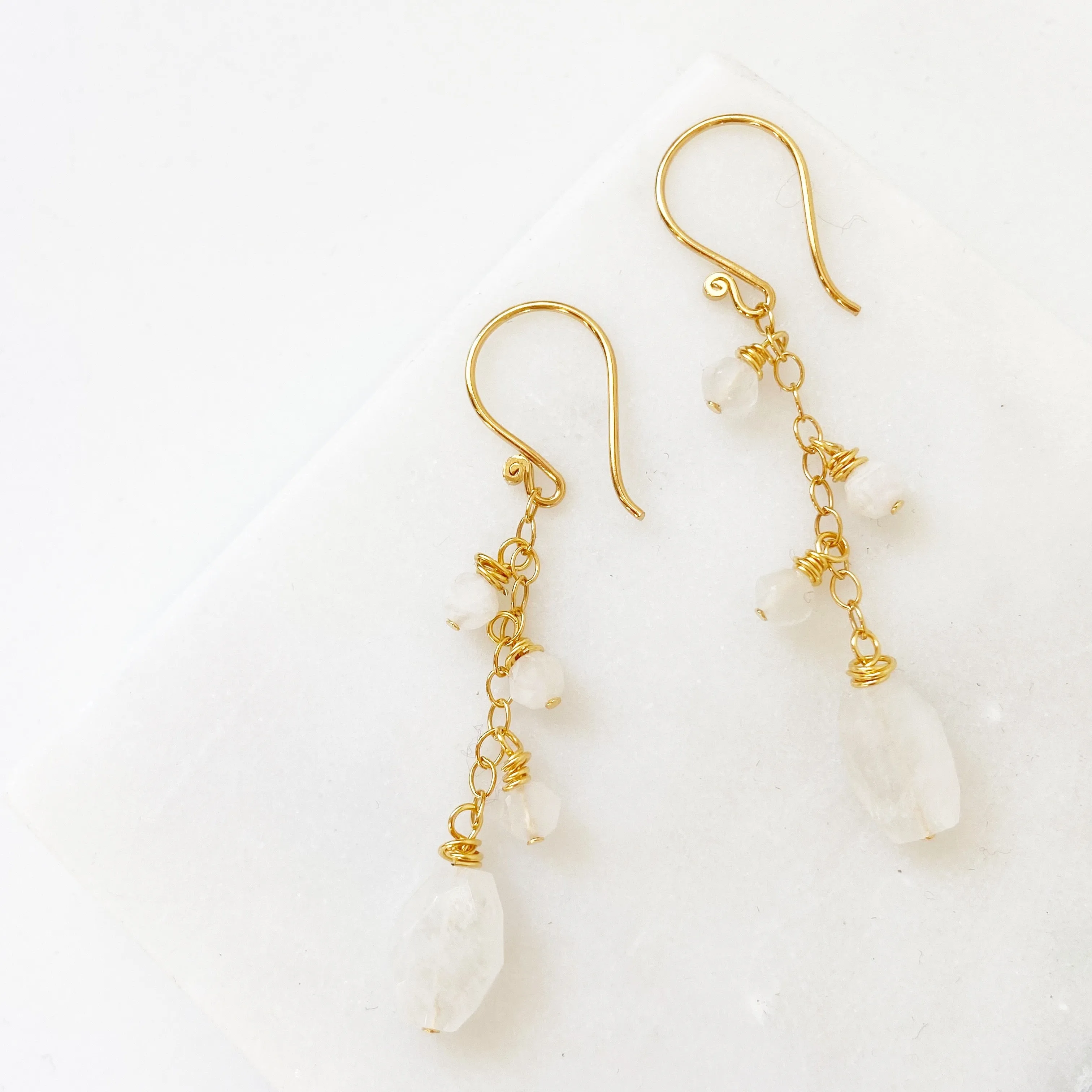 Moonstone Beaded Tassel Earring in Silver, Gold, or Rose Gold