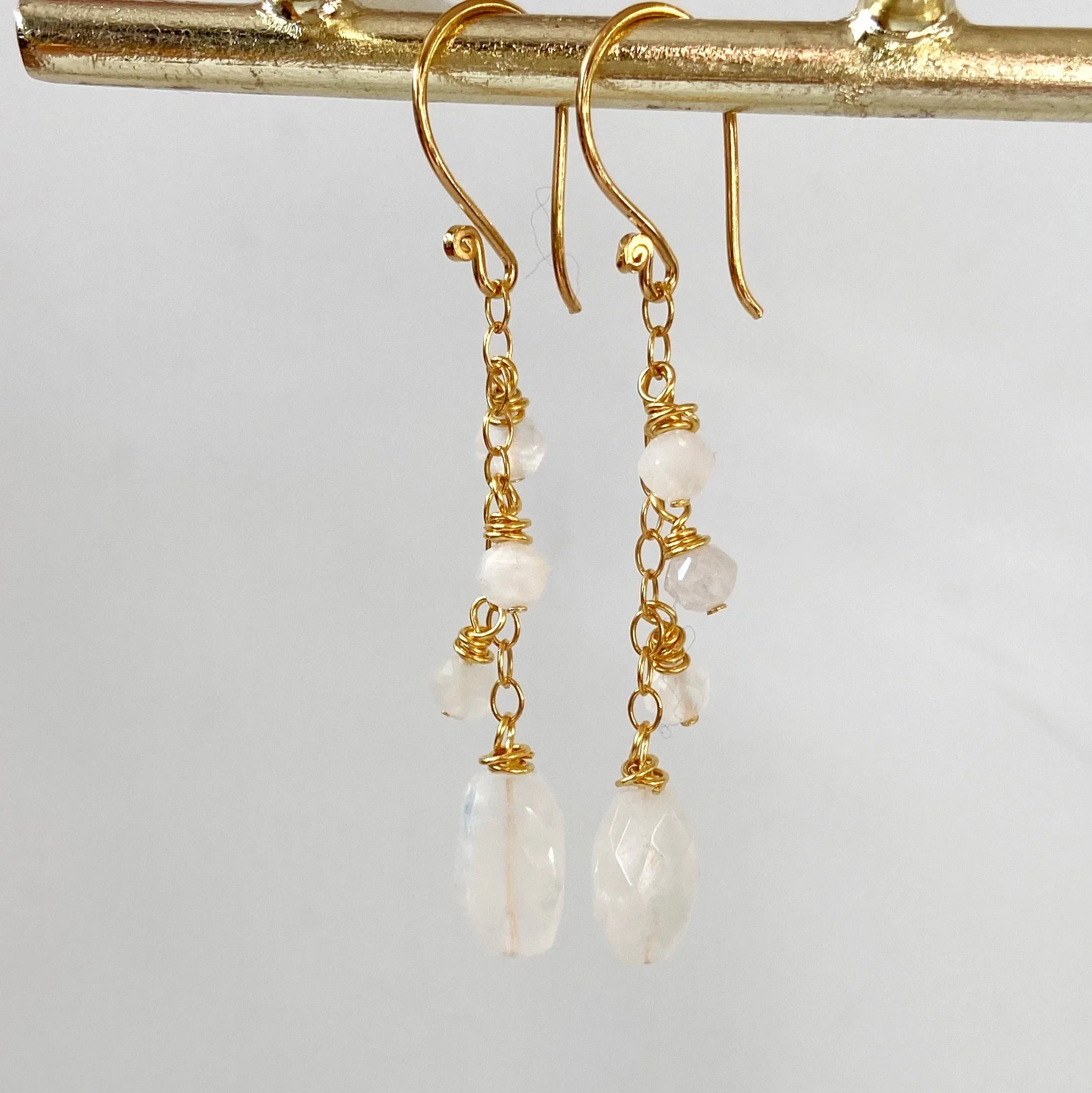 Moonstone Beaded Tassel Earring in Silver, Gold, or Rose Gold