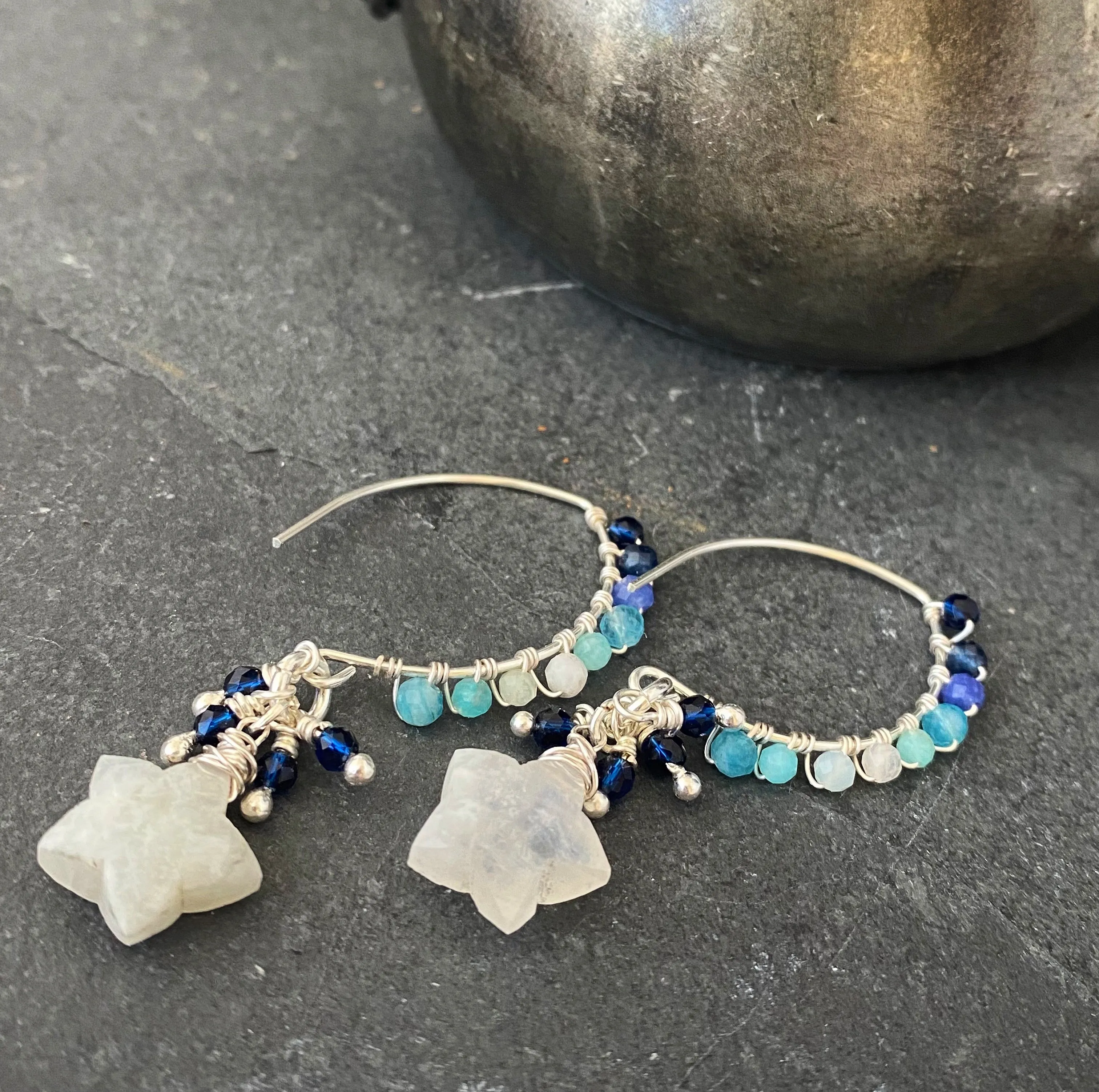 Moonstone Stars. Moonstone and mixed blue stones and silver metal earrings