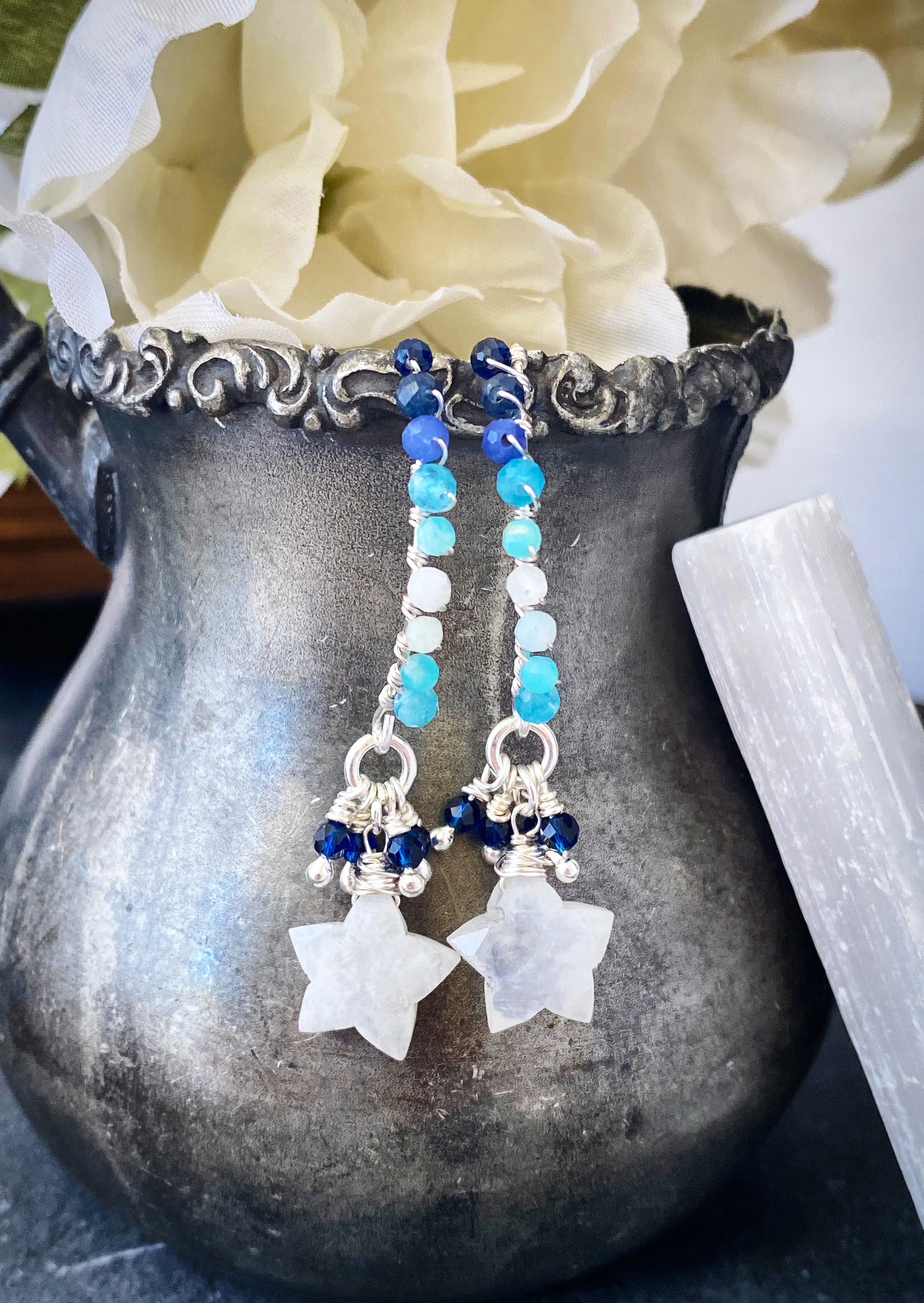 Moonstone Stars. Moonstone and mixed blue stones and silver metal earrings