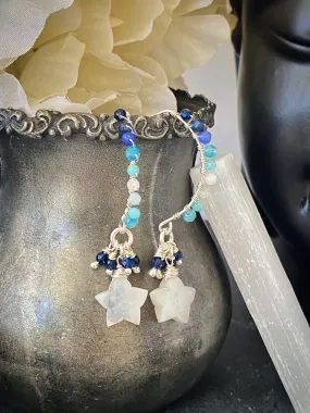 Moonstone Stars. Moonstone and mixed blue stones and silver metal earrings