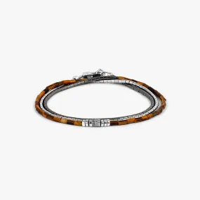 Navaho Triple Wrap Beaded Bracelet in Rhodium Silver with Tiger Eye and Hematite