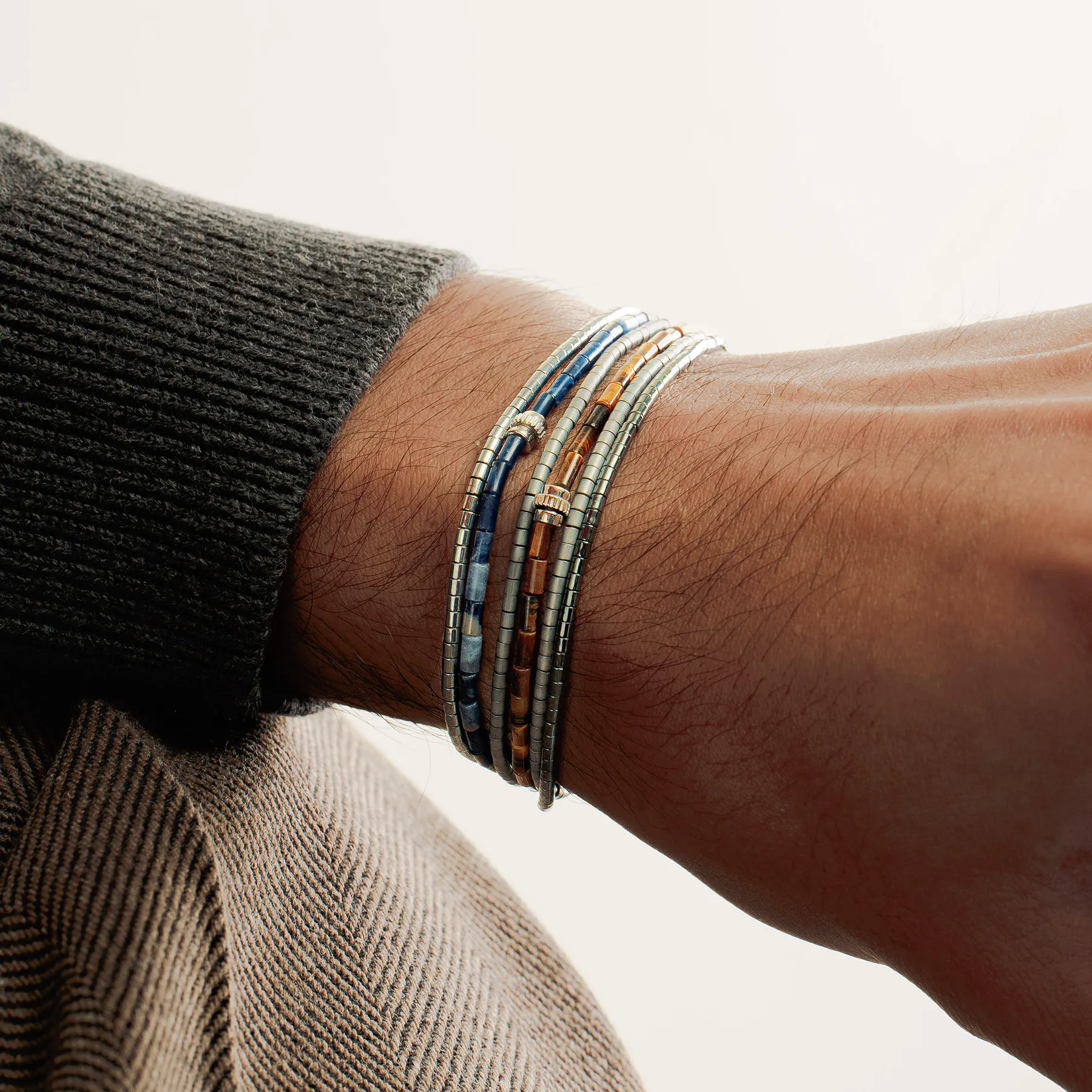 Navaho Triple Wrap Beaded Bracelet in Rhodium Silver with Tiger Eye and Hematite