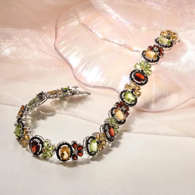 Oval-cut Natural Multi Gemstone Flower Halo Bracelet