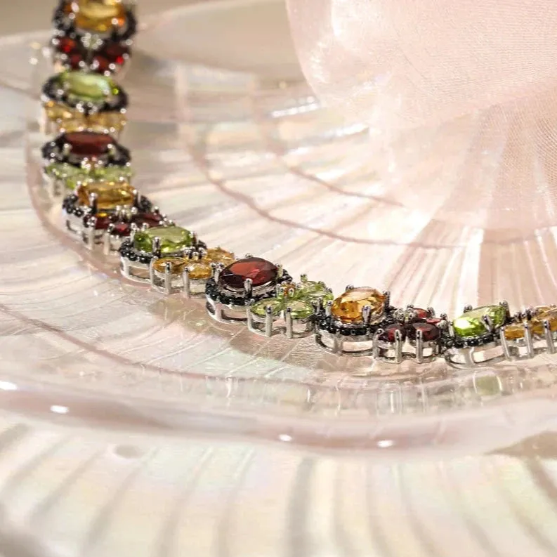 Oval-cut Natural Multi Gemstone Flower Halo Bracelet