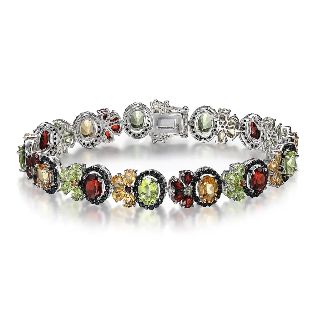 Oval-cut Natural Multi Gemstone Flower Halo Bracelet