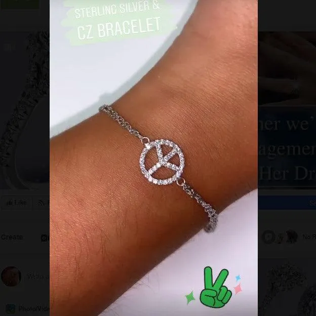 Peace Sign Charm Sterling Silver Double Chain Bracelet