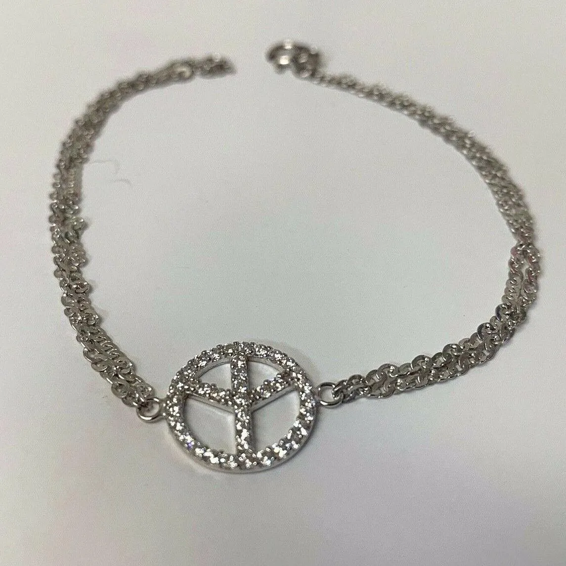 Peace Sign Charm Sterling Silver Double Chain Bracelet