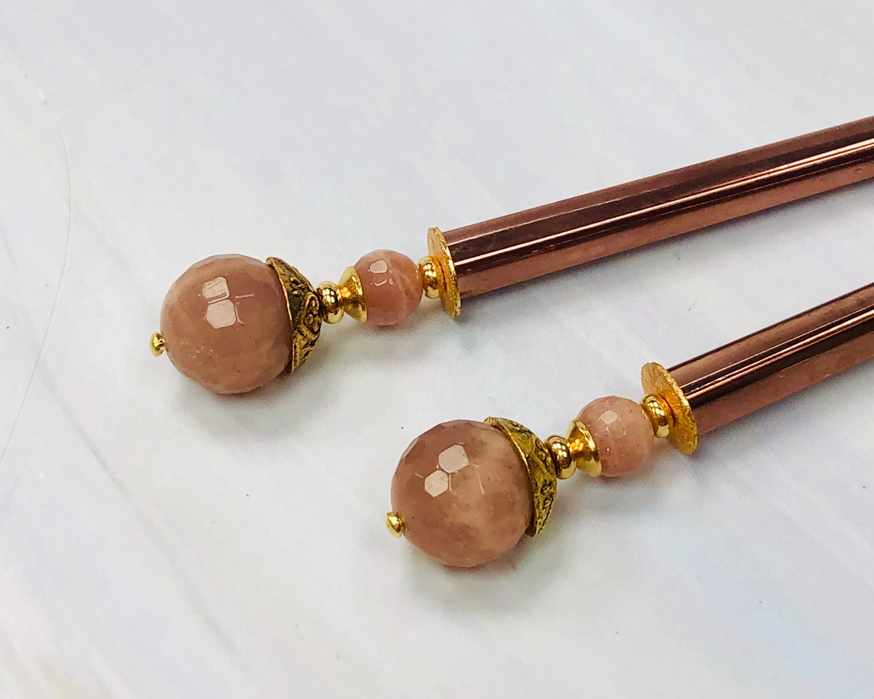 Peach Moonstone Gemstone Hair Sticks, Rose Gold Hair Pins, shawl pin, sweater pin,